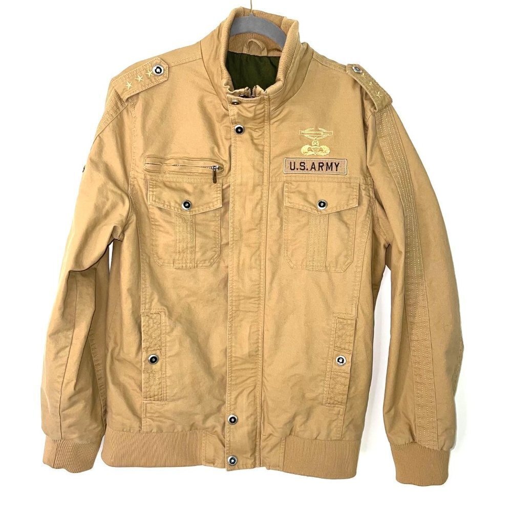 Military Inspired Canvas Jacket Mens Cotton Lined Embroidered Zipper Button Tan
